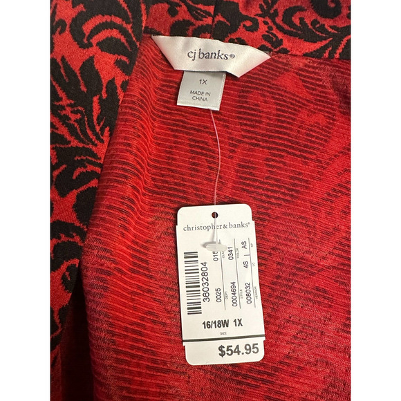 Christopher & Banks Misses 1X (16/18W) Red & Black Paisley Knit Cardigan NWT $55 - Picture 4 of 5
